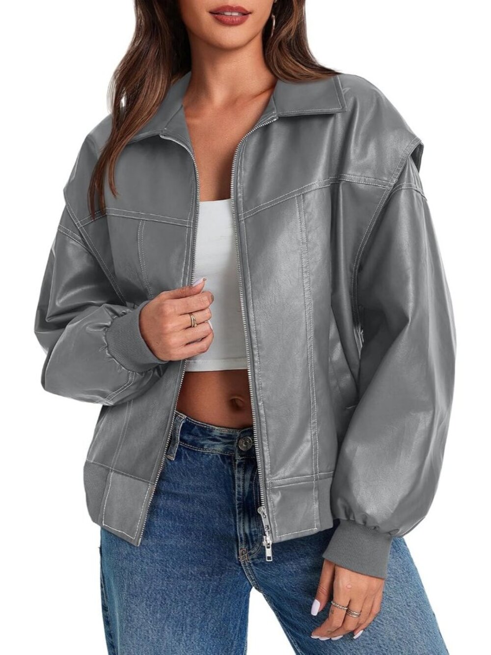 Women's Grey Oversized Faux Leather Bomber Jacket Motorcycle ZIP Up Coat